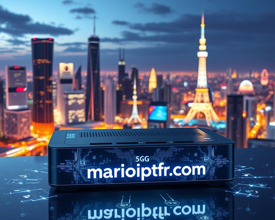 A visually striking 3D render of the impact of 5G technology on IPTV services in France. The scene depicts a futuristic city skyline with towering skyscrapers and a vibrant, neon-lit cityscape. In the foreground, a sleek, high-tech IPTV set-top box emblazoned with the brand name "marioiptvfr.com" is illuminated by shimmering 5G wireless signals. The middle ground features holographic user interfaces and data visualizations, showcasing the advanced capabilities of 5G-enabled IPTV. The background is a panoramic view of the cityscape, with glowing towers and pulsing data networks, conveying the transformative power of 5G on the IPTV industry. The overall mood is one of technological innovation, progress, and the seamless integration of 5G and IPTV.
