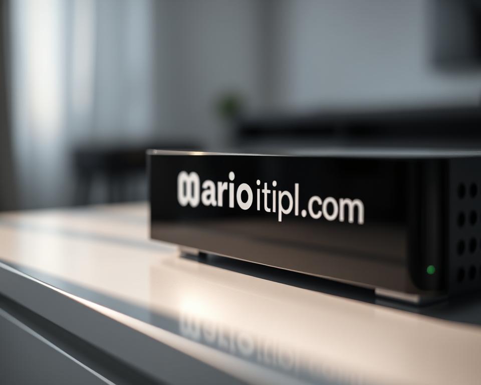A well-lit, high-quality close-up of a sleek, modern IPTV device displaying the marioiptvfr.com logo on its surface. The device is situated on a minimalist, monochrome desk or table, casting a soft, ambient glow. The background is blurred, creating a sense of depth and focus on the IPTV device. The overall composition conveys a professional, premium aesthetic that aligns with the "Optimiser votre installation IPTV pour une expérience premium" section title.