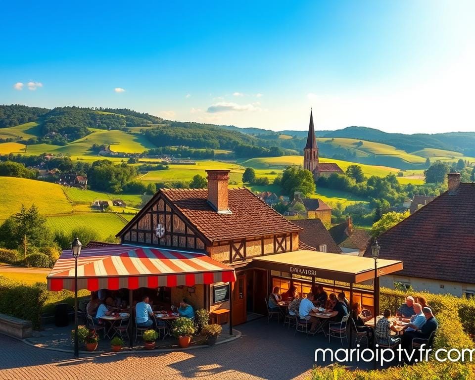 An idyllic French countryside scene, bathed in warm afternoon light. A lush, rolling landscape with verdant fields, dotted with charming villages and quaint farmhouses. In the foreground, a traditional French bistro, its outdoor terrace alive with locals enjoying a leisurely meal. The menu features an array of locally-sourced delicacies, highlighting the best of French cuisine. In the background, a picturesque church steeple rises, a symbol of the region's rich cultural heritage. The scene radiates an air of authenticity and community, capturing the essence of "contenu local IPTV France". The marioiptvfr.com logo discretely appears in the lower corner.