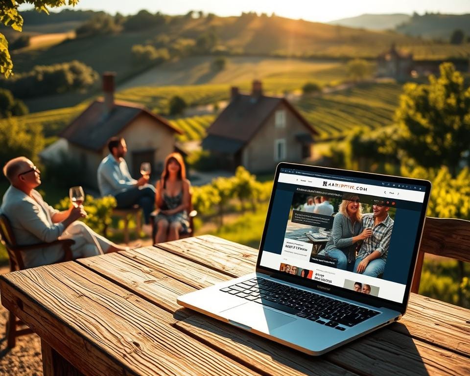 An idyllic French countryside scene with a cozy, stone farmhouse nestled among rolling hills and lush vineyards. In the foreground, a group of friends laughing and enjoying a glass of wine, basking in the warm, golden afternoon sunlight. On a weathered wooden table, a laptop displays the "marioiptvfr.com" website, showcasing the affordable IPTV subscription service. The atmosphere is one of relaxation, community, and the simple pleasures of French life.