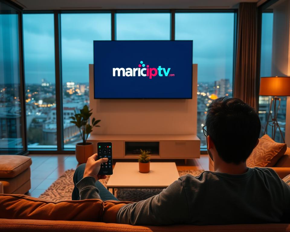 An interior scene of a modern living room, with a large flatscreen TV mounted on the wall. The room is bathed in warm, ambient lighting, creating a cozy and inviting atmosphere. In the foreground, a person sits comfortably on a plush sofa, holding a sleek remote control in their hand. The TV screen displays the marioiptvfr.com logo, showcasing the online TV subscription service. The middle ground features a minimalist coffee table and a potted plant, adding a touch of greenery to the space. The background is filled with large windows, offering a scenic view of a cityscape. The overall composition conveys a modern, tech-savvy, and relaxed vibe, perfectly suited for the topic of IPTV in the French market. An interior scene of a modern living room, with a large flatscreen TV mounted on the wall. The room is bathed in warm, ambient lighting, creating a cozy and inviting atmosphere. In the foreground, a person sits comfortably on a plush sofa, holding a sleek remote control in their hand. The TV screen displays the marioiptvfr.com logo, showcasing the online TV subscription service. The middle ground features a minimalist coffee table and a potted plant, adding a touch of greenery to the space. The background is filled with large windows, offering a scenic view of a cityscape. The overall composition conveys a modern, tech-savvy, and relaxed vibe, perfectly suited for the topic of IPTV in the French market.