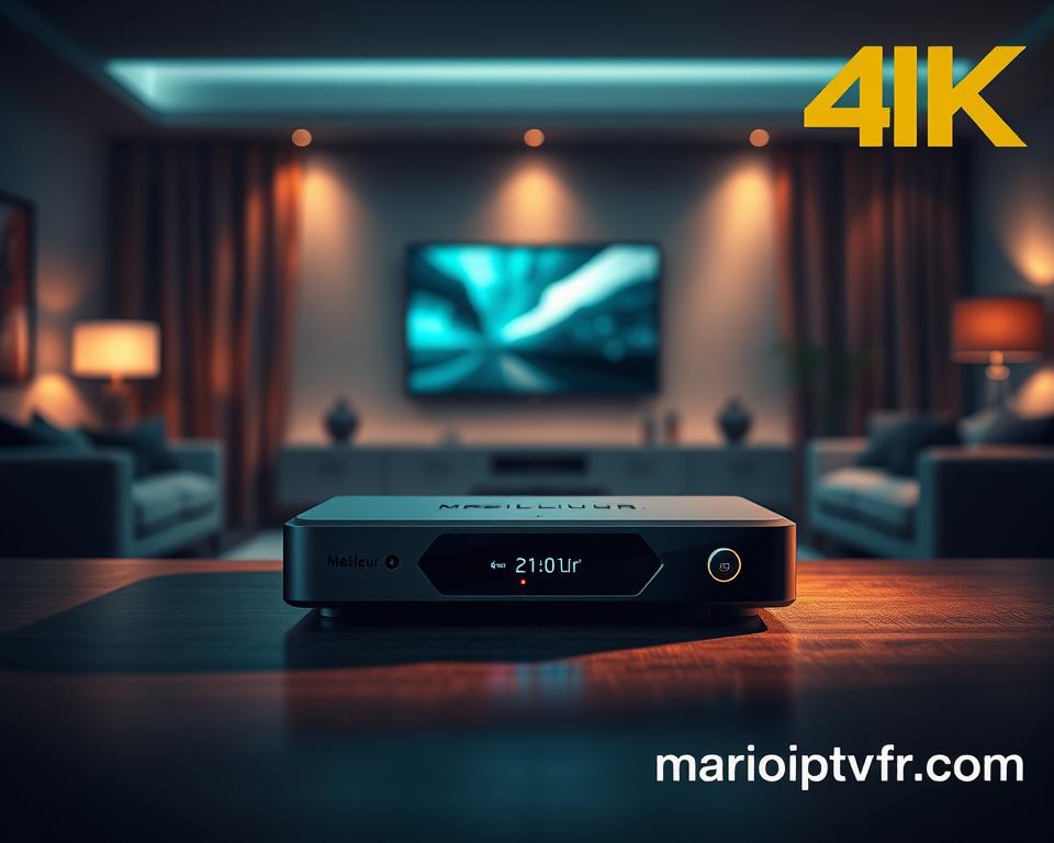 An ultra-high-definition 4K image of a sleek, modern media center device labeled "Meilleur IPTV France4K" against a backdrop of a dimly lit, modern living room. The device is surrounded by a soft, warm glow from directional lighting, casting shadows that add depth and texture. The scene conveys a sense of immersion and premium quality, with the device prominently displayed as the focal point. In the bottom right corner, the website "marioiptvfr.com" is subtly displayed.