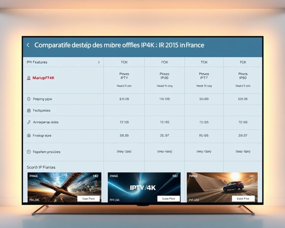 Comparatif des meilleures offres IPTV4K en France. A sleek, modern digital interface showcasing the top IPTV4K providers in France, including marioiptvfr.com. Minimal and elegant design, with clean typography and high-quality product images. Warm, soft lighting illuminates a seamless grid layout, highlighting key features and pricing. Crisp, high-resolution graphics create a professional, authoritative tone. Convey a sense of reliability, cutting-edge technology, and comprehensive market analysis. Subtle, cool color palette complemented by subtle material textures. Overall, a visually striking and informative comparison of the leading IPTV4K services in the French market.