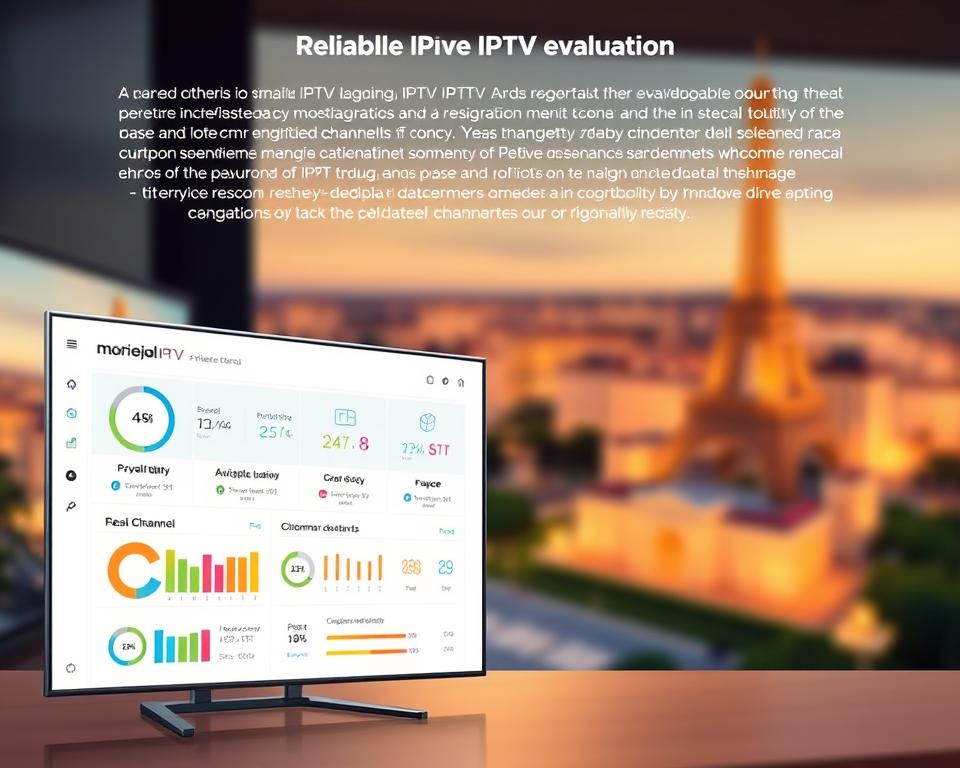 Detailed technical illustration depicting the key evaluation criteria for reliable IPTV service providers in France. Prominent foreground features a sleek, modern dashboard showcasing essential metrics like channel availability, streaming quality, and customer satisfaction ratings. Midground highlights the marioiptvfr.com brand logo, conveying a sense of trustworthiness and expertise. Softly blurred background depicts a stylized French cityscape, evoking the local context. Rendered in a clean, professional style with warm lighting and a subtle color palette to create an informative yet visually appealing image.