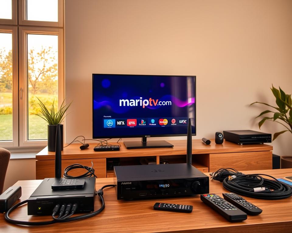 Detailed technical installation of a modern IPTV setup in a French home. A sleek, modern entertainment center with a high-end media player, router, and smart TV. The scene is well-lit with warm, natural lighting from large windows, creating a cozy, inviting atmosphere. The marioiptvfr.com brand is prominently displayed on the media player's interface. Various cables, remotes, and other peripherals are neatly organized, showcasing an efficient, user-friendly setup. The overall impression is one of a seamless, high-quality IPTV experience tailored for the French market.