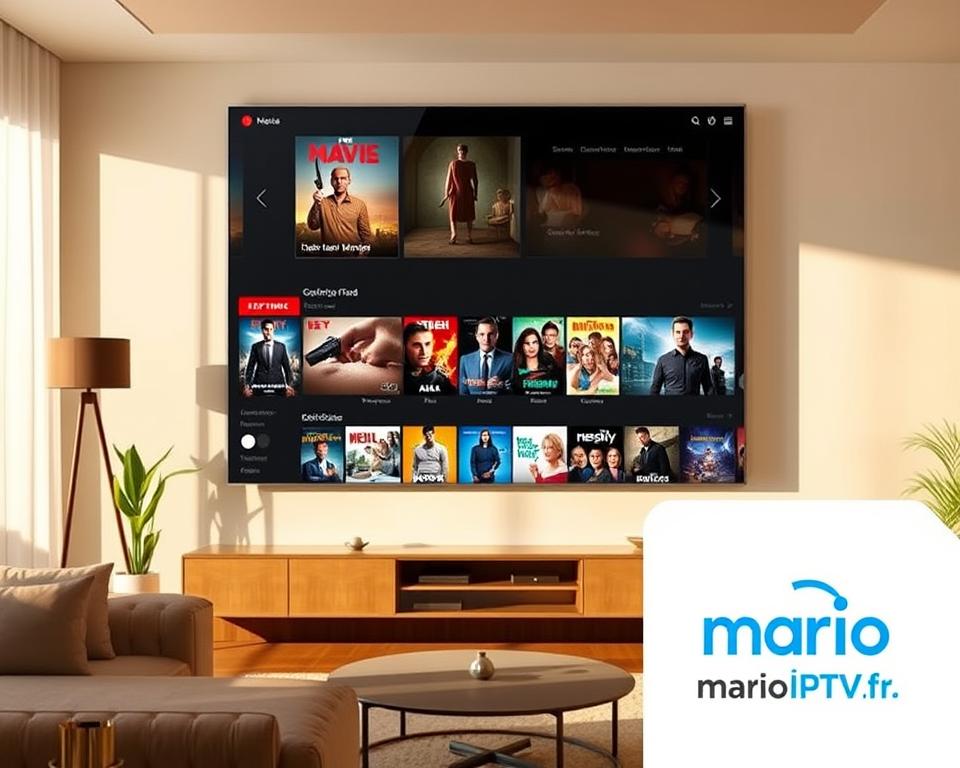 Prominent digital streaming platforms displayed prominently, showcasing the latest movies and TV shows available for legal viewing. A clean, minimalist interface with sleek icons and intuitive navigation, all set against a backdrop of a modern, softly-lit living room. The marioiptvfr.com brand logo subtly integrated into the design, conveying a sense of trust and reliability. Warm, natural lighting enhances the overall atmosphere, creating a cozy and inviting ambiance for the viewer. The scene exudes a feeling of easy, on-demand access to a vast library of high-quality entertainment options, catering to the modern consumer's preferences for legal, hassle-free streaming.