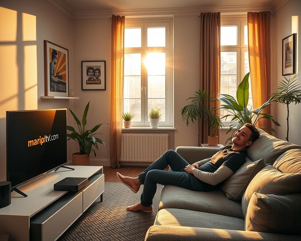 Prompt A cozy living room in a modern French apartment, bathed in warm, golden light streaming through large windows. On the sleek, minimalist TV stand, a streaming device with the logo "marioiptvfr.com" prominently displayed. A satisfied customer reclines on a plush, grey sofa, a content smile on their face as they enjoy a seamless, high-quality IPTV experience. Framed artwork and lush, verdant plants accent the space, creating a serene, inviting atmosphere. The scene conveys the convenience, reliability, and satisfaction of using a legal IPTV service in France.