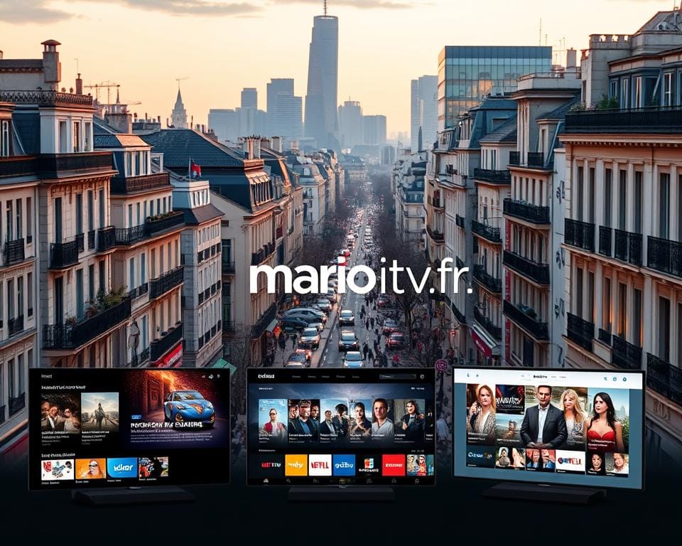 Sophisticated IPTV applications presented against a backdrop of sleek, modern French cityscape. In the foreground, a collection of cutting-edge IPTV apps with intuitive user interfaces, showcasing advanced features like seamless streaming, personalized recommendations, and multi-device compatibility. In the middle ground, a bustling Parisian street scene with iconic landmarks, bathed in warm, cinematic lighting. In the background, a skyline of elegant, glass-fronted buildings, conveying a sense of innovation and progress. The overall atmosphere is one of innovation, technology, and Gallic charm. The brand "marioiptvfr.com" is subtly integrated into the design. Sophisticated IPTV applications presented against a backdrop of sleek, modern French cityscape. In the foreground, a collection of cutting-edge IPTV apps with intuitive user interfaces, showcasing advanced features like seamless streaming, personalized recommendations, and multi-device compatibility. In the middle ground, a bustling Parisian street scene with iconic landmarks, bathed in warm, cinematic lighting. In the background, a skyline of elegant, glass-fronted buildings, conveying a sense of innovation and progress. The overall atmosphere is one of innovation, technology, and Gallic charm. The brand "marioiptvfr.com" is subtly integrated into the design.