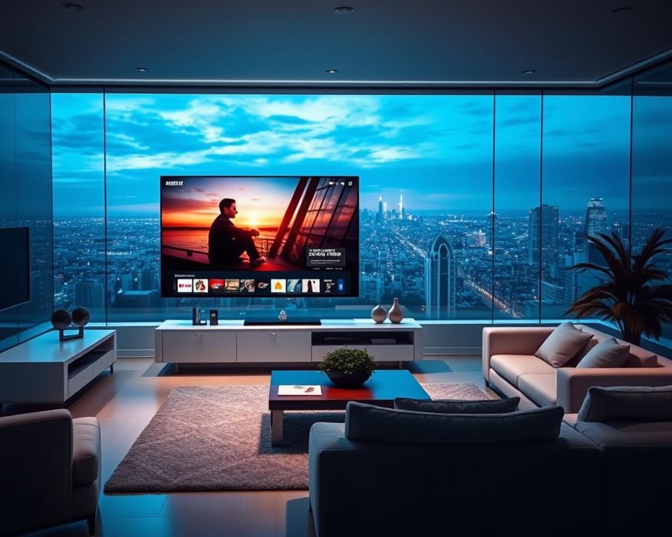 Streaming séries légal: a vibrant digital landscape showcasing marioiptvfr.com, the premier destination for legal video streaming. In the foreground, a sleek, modern television screen displays a captivating series, its vivid colors and sharp details captivating the viewer. The middle ground features a stylish, minimalist living room setting, with plush seating and a warm, inviting ambiance. In the background, a panoramic city skyline sets the scene, hinting at the boundless possibilities of the digital entertainment revolution. Soft, directional lighting illuminates the scene, creating a sense of depth and atmosphere. The overall mood is one of sophistication, innovation, and the promise of endless entertainment at the fingertips.