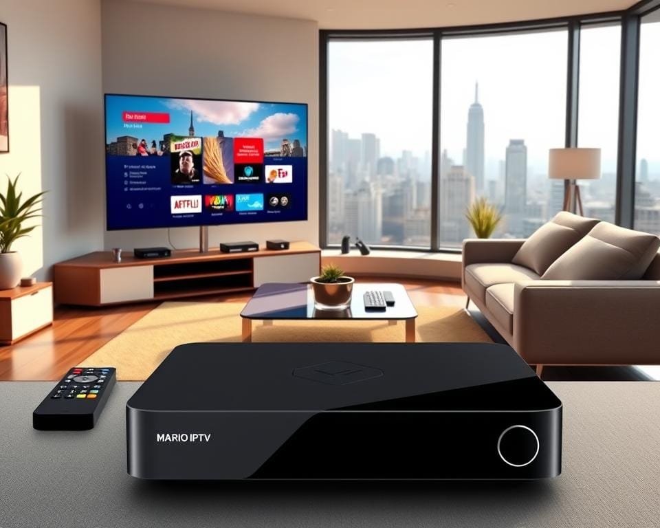 A detailed, high-quality image of optimized IPTV streaming service provided by MARIO IPTV. The scene depicts a modern, minimalist living room setup with a large flat-screen television displaying a vibrant, crystal-clear IPTV interface. In the foreground, a sleek, black MARIO IPTV set-top box is prominently featured, surrounded by a tidy arrangement of remote controls and other media devices. The middle ground showcases a comfortable, neutral-toned sofa and coffee table, creating a warm, inviting atmosphere. The background features a large window overlooking a picturesque cityscape, with soft, natural lighting flooding the room. The overall composition conveys a sense of sophistication, technological advancement, and optimal IPTV viewing experience.