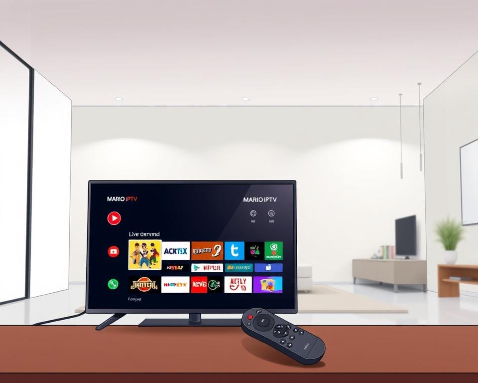 A high-quality IPTV subscription package, featuring the MARIO IPTV brand, presented against a sleek, modern backdrop. In the foreground, a smart TV displays the MARIO IPTV interface, showcasing a wide selection of live channels and on-demand content. The middle ground features a stylish remote control, hinting at the seamless user experience. The background depicts a minimalist, well-lit interior, suggesting the comfort and convenience of an at-home entertainment setup. The overall mood is one of sophistication and technological advancement, conveying the advantages of IPTV over traditional cable television.