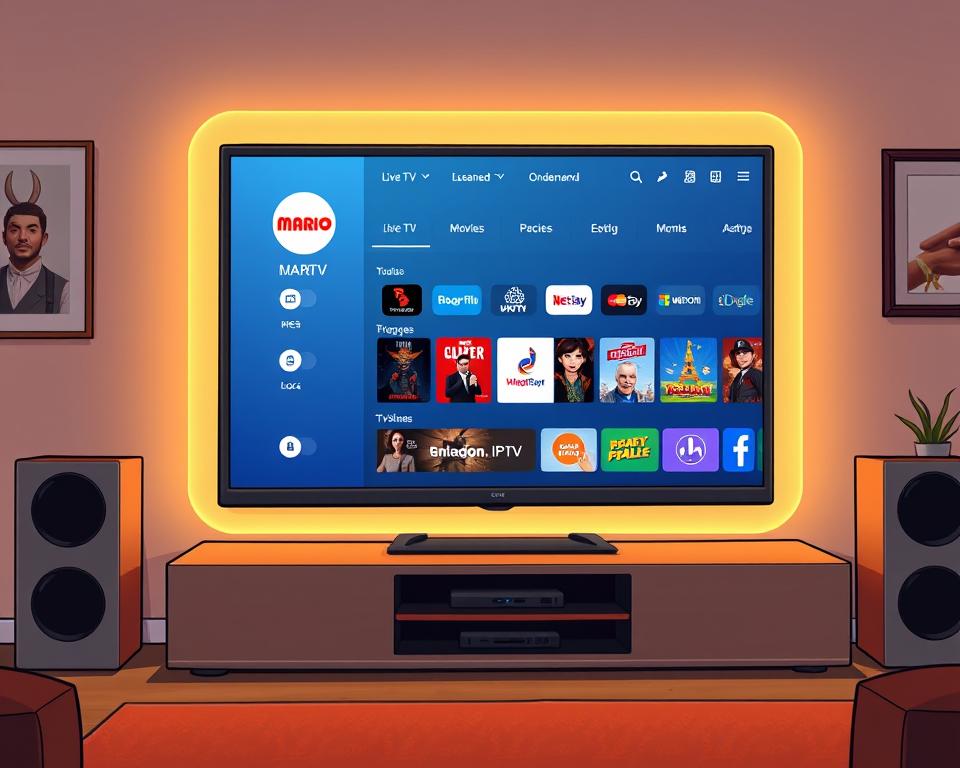 A high-quality digital display showcasing the MARIO IPTV test account interface. The screen has a sleek, modern design with a clean, uncluttered layout. The interface features a simple, intuitive navigation menu and various content categories such as live TV, on-demand movies, and TV shows. The display is illuminated by warm, soft lighting, creating a cozy and inviting atmosphere. The overall impression is one of a professional, user-friendly IPTV service that is easy to navigate and provides a comprehensive entertainment experience.
