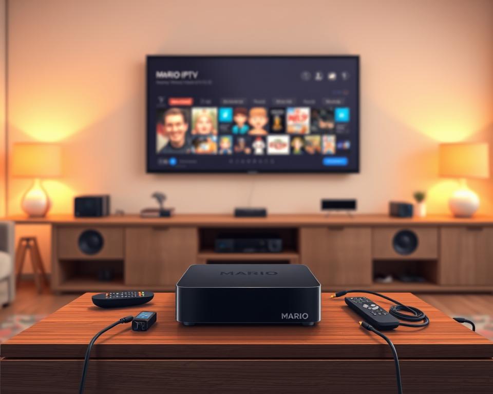 A modern home entertainment setup featuring a sleek black MARIO IPTV device prominently displayed on a minimalist wooden TV stand. The device is surrounded by various remote controls and cables, conveying a sense of functionality and connectivity. The room is bathed in warm, inviting lighting, creating a cozy atmosphere ideal for media consumption. In the background, a large flat-screen TV mounted on the wall serves as the centerpiece, hinting at the vast array of content available through the IPTV service. The overall scene evokes a sense of seamless integration between technology and home decor, making it an aspirational representation of a modern IPTV installation.