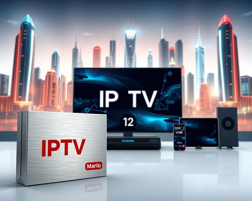 A sleek and modern 3D render of an IPTV subscription package for 12 months, presented by the brand "MARIO IPTV". The package is shown in the foreground, with a clean and minimalist design featuring a metallic, brushed aluminum-like texture. The middle ground showcases various digital streaming devices compatible with the IPTV service, such as a smart TV, smartphone, and tablet, all seamlessly integrated. The background depicts a futuristic, high-tech cityscape with skyscrapers and glowing neon lights, conveying a sense of advanced technology and connectivity. The overall scene exudes a premium, cutting-edge aesthetic that emphasizes the advantages of a long-term IPTV subscription.