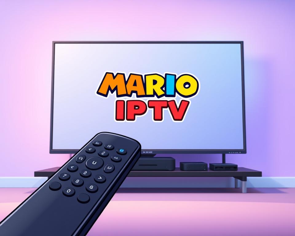 A sleek, modern television display prominently features the MARIO IPTV logo, its vibrant colors and crisp lines commanding attention. The screen is surrounded by a minimalist, metallic frame, lending an air of sophistication. In the foreground, a high-end remote control with intuitive buttons and a smooth, matte finish invites interaction. The middle ground showcases a neatly organized arrangement of streaming devices, cables, and a modem, all carefully positioned to create a harmonious, clutter-free setup. The background features a soft, gradient-based color scheme, creating a calming, immersive atmosphere that complements the overall design aesthetic. Subtle lighting and shadows add depth and dimension, enhancing the premium, high-quality feel of the scene.