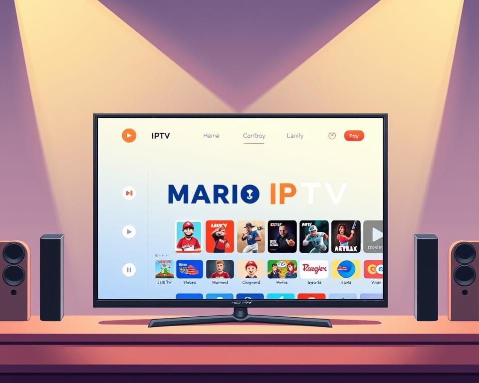 A vibrant and dynamic IPTV platform interface, showcasing the MARIO IPTV brand prominently. In the foreground, a sleek, high-resolution display with a clean, modern design and intuitive navigation options. The middle ground features a variety of IPTV content categories, including live TV, on-demand movies, and sports channels, all easily accessible. The background depicts a soft, diffused lighting setup, creating a warm and inviting atmosphere. The overall composition conveys a sense of professionalism, reliability, and a premium IPTV experience, perfectly suited for the "best IPTV trial" scenario.