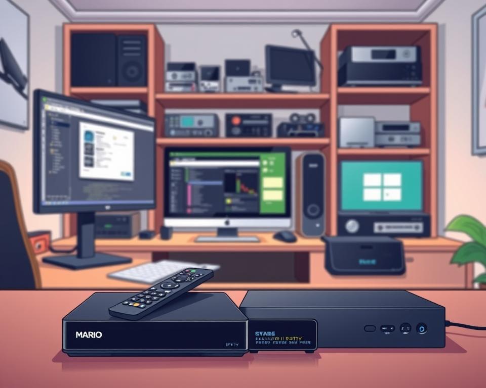 A well-lit and cleanly-designed home office setup, with a desk, computer, and various IPTV-related equipment. In the foreground, a MARIO IPTV set-top box and remote control are prominently displayed, showcasing the product. The middle ground features a laptop or desktop computer, with multiple windows and interfaces open, simulating an IPTV testing environment. The background includes shelves or cabinets, filled with additional electronic devices and networking gear, creating a professional, technical atmosphere. The lighting is bright and even, with a hint of warm tones, conveying a sense of productivity and evaluation. The overall scene should evoke a thoughtful, analytical approach to assessing the quality and performance of the MARIO IPTV service.